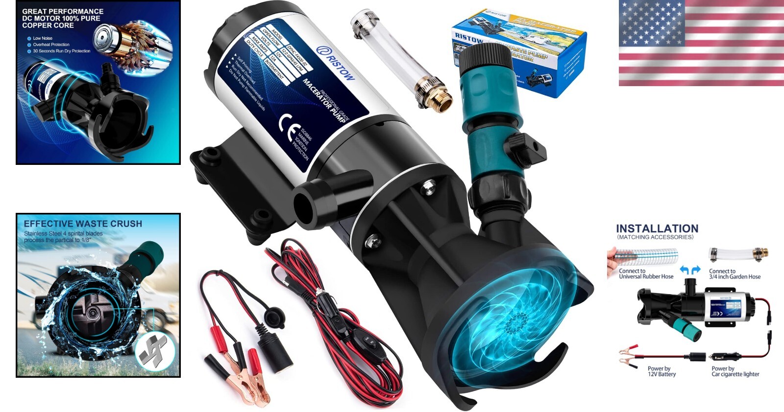 Portable 12V Macerator Pump with Quick-Release Garden Hose for Waste Disposal