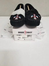 Minnetonka Women's Thunderbird Softsole Black Suede Beaded Moccasin Shoe 159 NIB