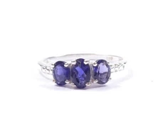 CZ Three Stone Ring Sterling Silver Oval Blue  