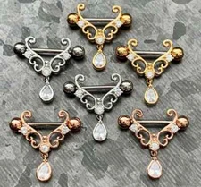 PAIR Heart Filigree w/ Teardrop Nipple Rings Shields - Steel, Gold or Rose Gold