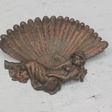 Vintage bronze art deco ashtray card holder lady with feather fan