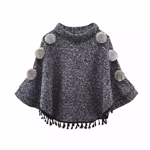 Poncho donna nappa frange mantello manica 3/4 mantello collo alto scialle avvolgente - Foto 3 di 16