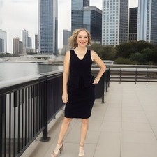 Ganni Womens Black Ruffle Waist V Neck Dress Size Small textured glamour Career