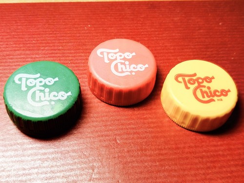 MEXICO "TOPO CHICO" MINERAL WATER PLASTIC BOTTLE CAPS SET of 3.