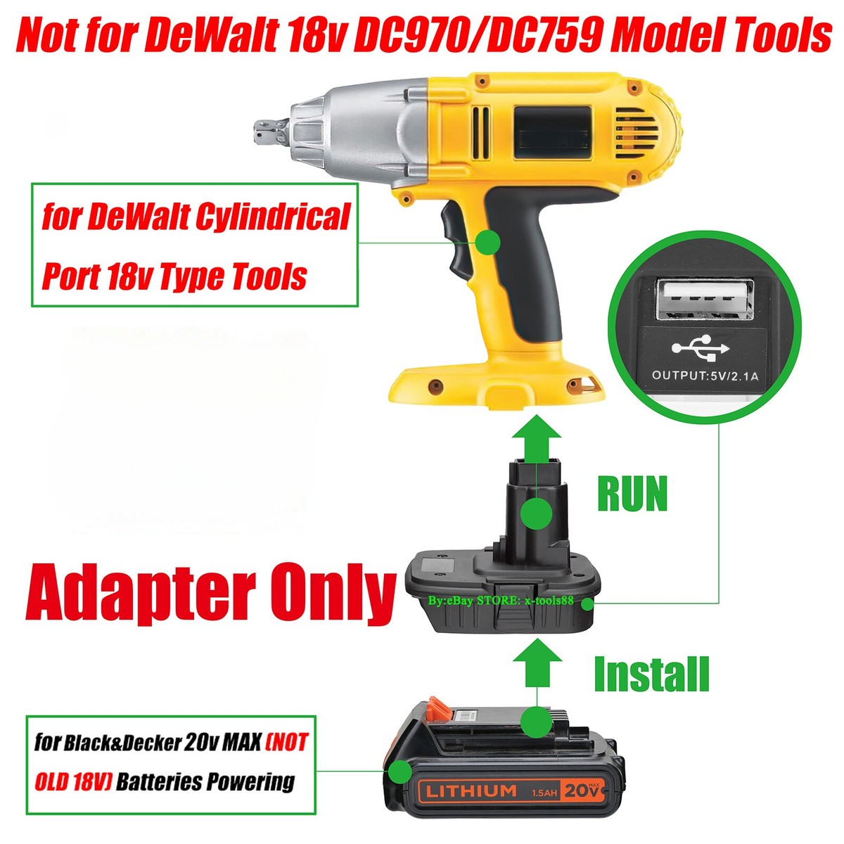 Adapter for Black+Decker 20V (Not 18V) Battery to Power for DeWalt