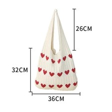 Women's Knitted Tote Bag Heart Pattern Shoulder Bag Casual Shopping Handbag