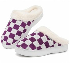 Womens Slippers Classic Plaid Winter Warm with Memory Foam 7-8 White Purple
