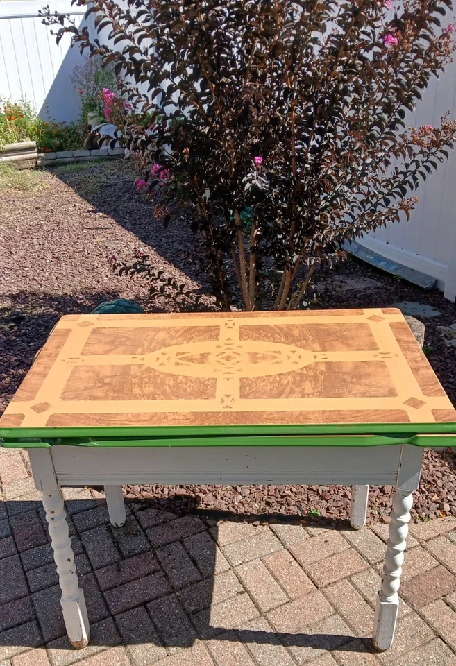 "Mesa Benjamin Crysteel esmaltada años 1900 40"" nido guardado tapa de 2 hojas con cajón" Foto 3 de 4