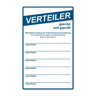 Prüfplakette Verteiler geerdet und geprüft DGUV V3 RCD Aufkleber 130x80mm LTD029