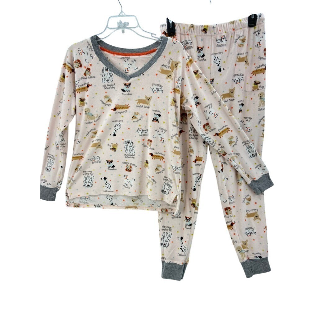 Cuddle Duds Pajama Set Women Sz S Pink Dog Breed Fleece V-Neck Joggers