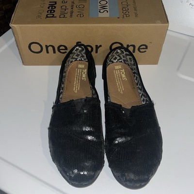 Toms Black Sequin with Faux Leather Cushion Womens Comfort Loafer Flats Size 9.5