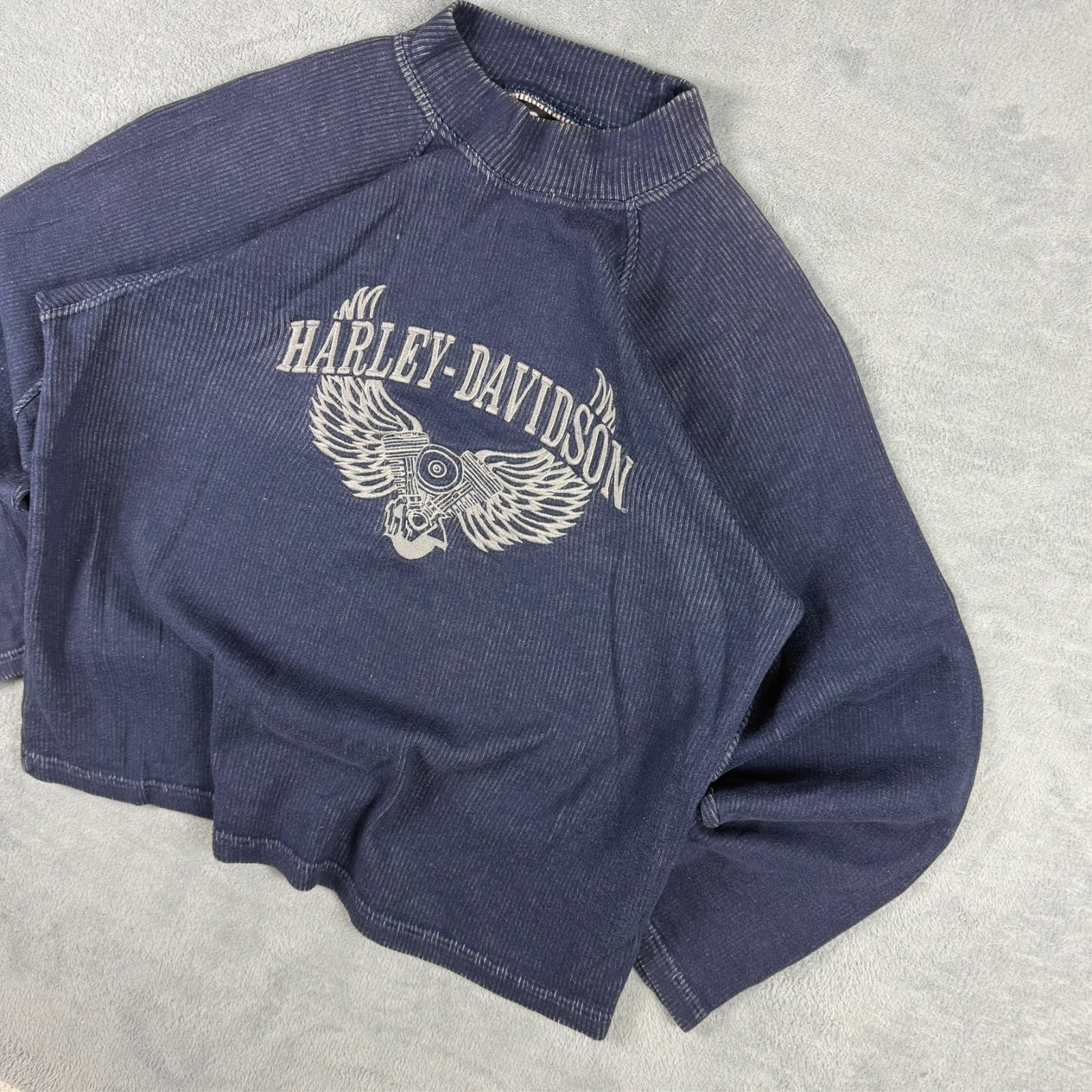 VTG Harley Davidson 2000's Navy Winged Engine Ribbed Oversized Small Sweatshirt image 3