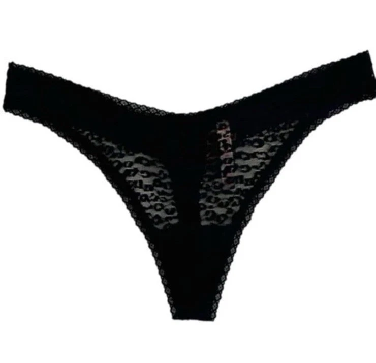 Tanga Victoria’s Secret ROSA Wear Everywhere negro de encaje de leopardo tiro bajo talla XL Foto 2 de 4