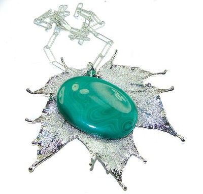 925 Sterling Silber Malachit Halskette echtes Blatt Design Handarbeit 49,9 g