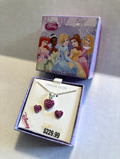 Disney Princess Pink Heart Pendant  Matching Earring Set Sterling Silver NIB