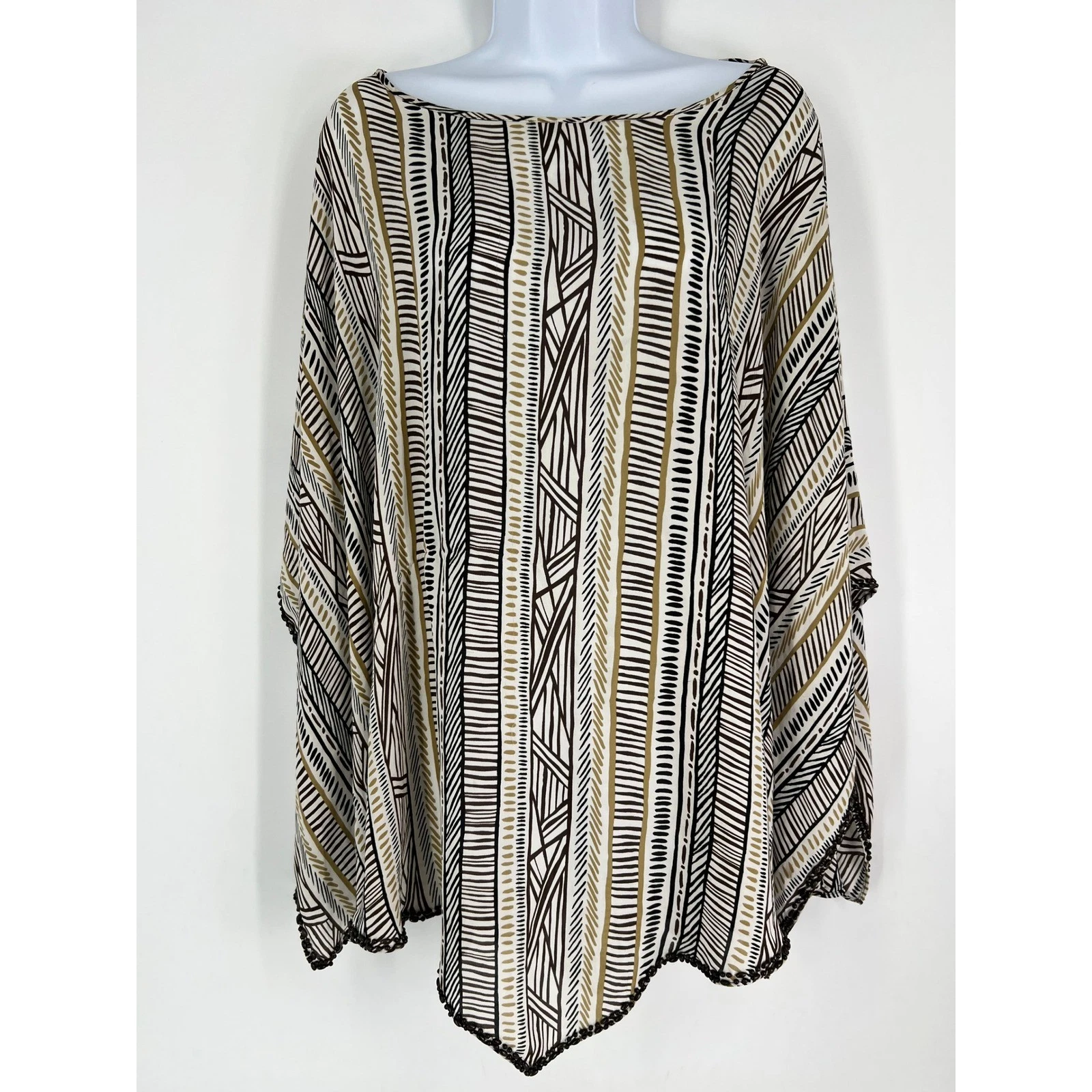Context Woman 100% Silk Poncho Top Plus 1X Brown Geometric Beaded Trim Boho