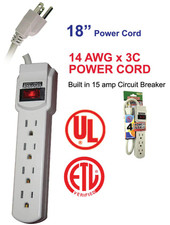 4 Outlet UL Listed Power Strip w/ 18" Cord 125V / 15 Amps / 14 AWG Cord