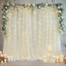 10x10ft Cream White Tulle Backdrop Curtain, Lights String, Sheer Photo Drapes