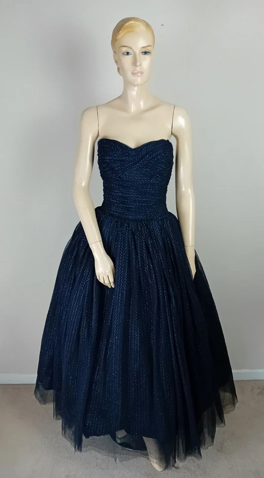 Vintage 1950s Black & Blue Strapless Full Skirt Lace Evening Ballgown Dress XS S - Image 4 of 4