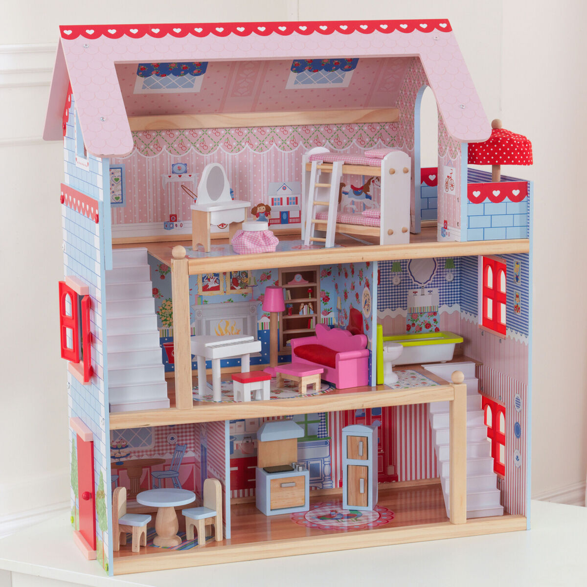 Wooden Doll House Toy with 16 Piece Doll-House Furniture Set –