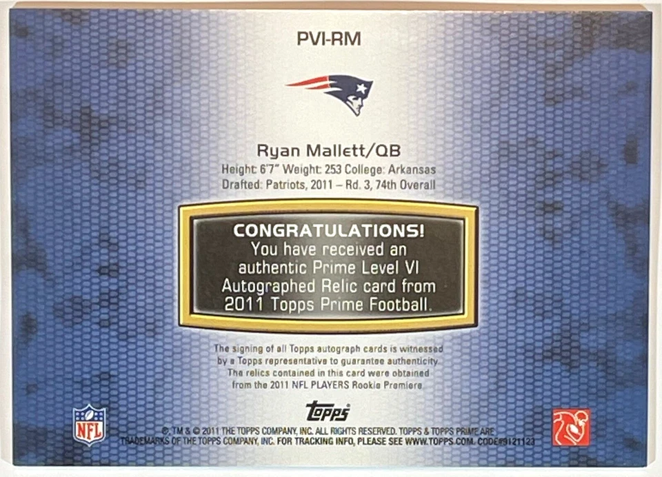 2011 Topps Prime Level VI Ryan Mallett Auto SP RC #PVI-RM /515 - Image 2 of 2