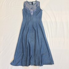 Vintage 90s Newport News Jeanology Denim Maxi Dress Embroidered Back Tie Size 8