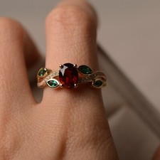 Red Garnet Floral Ring Natural Gemstone 925 Sterling Silver Gold Plated Ring