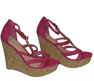 Shoe Dazzle Barbiecore Pink Cork Wedge Sandals With Rhinestone Accents NWOT Size