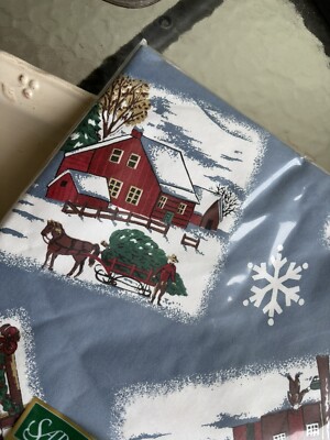 NIP Sarah Lynn s Farm Christmas Vinyl Flannelback Square Tablecloth 52''x52'' Blue