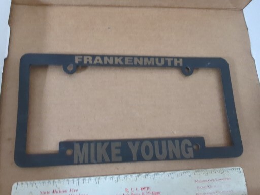 Vintage Dealer License Plate Frame Mike Young Frankenmuth Mich