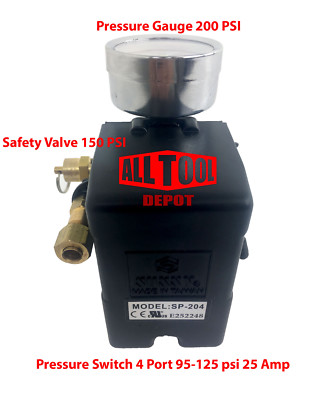 25 Amp Pressure Switch set 4 Port 95-125 PSI w/ Gauge w/ Safety valve