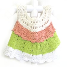 KSS Handmade Peach/Green/White Crocheted/Knitted Dress (18 Months) DR-154 SALE