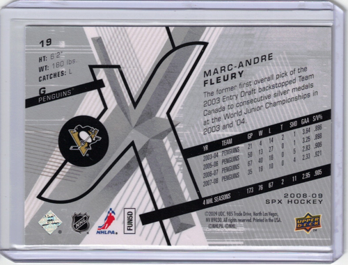 MARC-ANDRE FLEURY 08/09 UD Upper Deck SPX #19 Hockey Card Pittsburgh Penguins - Picture 2 of 2