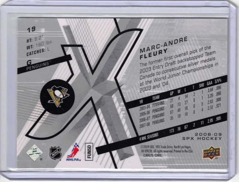 MARC-ANDRE FLEURY 08/09 UD Upper Deck SPX #19 Hockey Card Pittsburgh Penguins - Image 2 of 2
