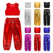 Unisex Kids Pants Shiny Crop Top Performance Vest Lyrical Dance Costume Dancing