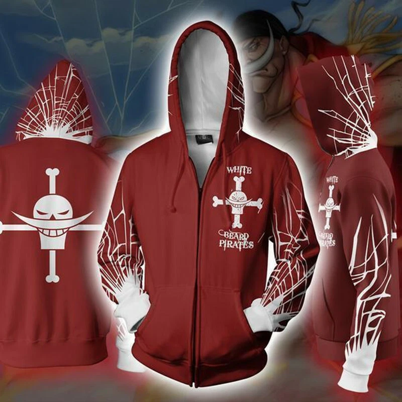 Anime One Piece Whitebeard Pirates Ace Zipper Jacket Hoodie Coat Cosplay Tops
