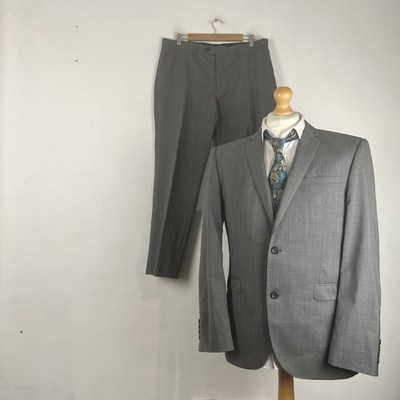 NEXT 3-Teiler Anzug Herren 42R Grau Gefleckt 36W 29L Hose Tailored Fit Super 130's