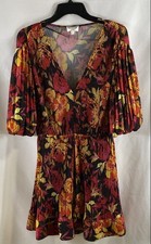 Milly Women's Dress Multicolor Floral Pleated V-Neck Puff Sleeve Size 12