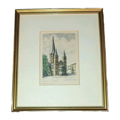Vintage Original Bleistift und Tusche Skizze Gemälde Bonner Münster Dom signiert