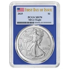 2025 $1 American Silver Eagle PCGS MS70 FDOI Flag Label Blue Frame