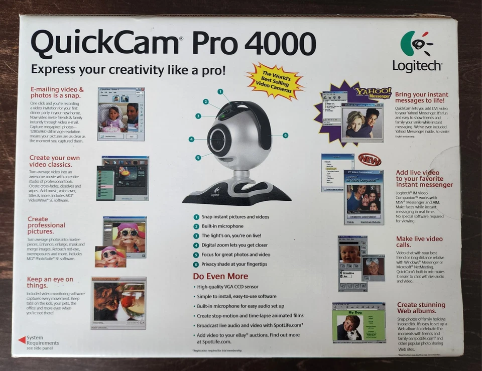 Logitech Quick Cam Pro 4000 Built in Microphone Webcam Silver USB 2.0 New in Box - Image 2 of 4