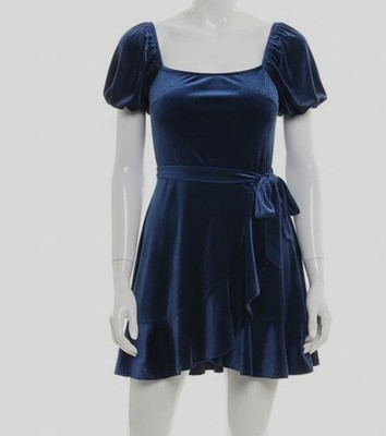 Trixxi Juniors' Women's Blue Puff-Sleeve Faux-Wrap Velvet Dress Size: XL