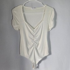 Steve Madden Womens Ribbed Bodysuit Short Sleeve Square Neck White Size M