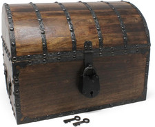 Antiqued Finished Wood Treasure Chest with Decorative Rivets and Reinforcing Iro