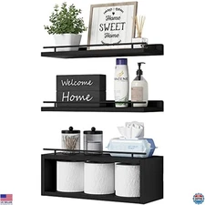 WOPITUES Black Floating Wall Shelves with Cube Design & Metal Rail for Bathroom