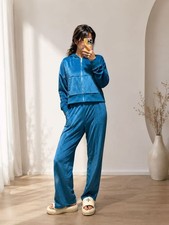 Jessica Simpson Velour Crop Hoodie Wide Leg Pants 2 Pc Tracksuit Set Blue Coral