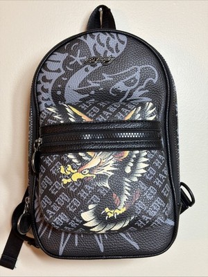 Ed Hardy Mini Backpack Black Eagle Tattoo Print Faux Leather Crossbody Bag