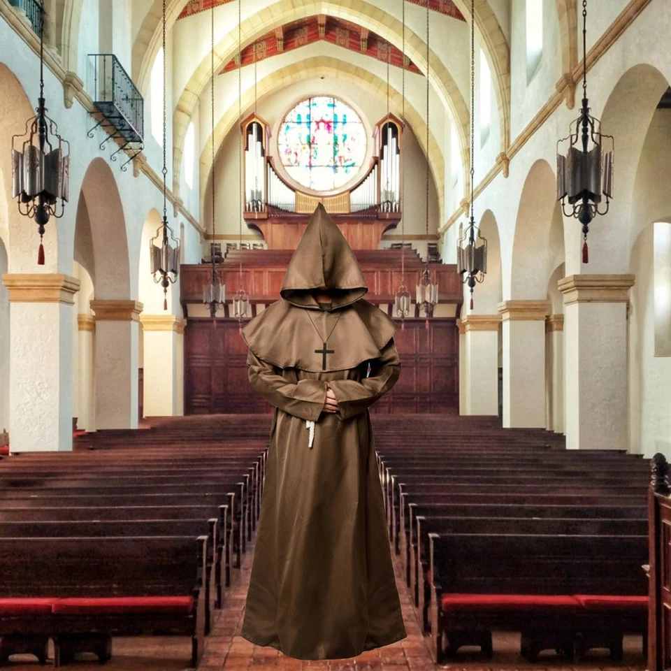 Mönch Robe Priester Kostüm Herren Halloween Kapuze Kreuz Mittelalter Renaissance - Bild 3 von 4