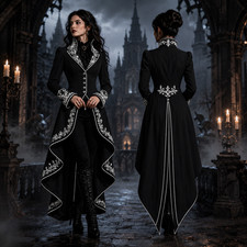 Women s Gothic Black Tailcoat Victorian Steampunk Long Frock Coat
