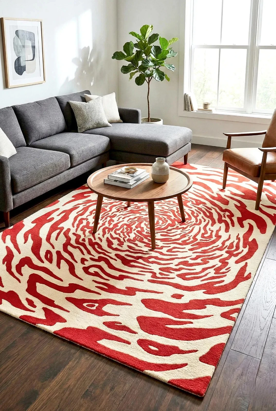 Hand-Tufted Red Abstract Swirl Rug Wavy Optical Illusion Area Rug |6x9|8x10|8x12